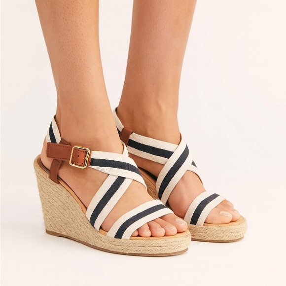 Weekend MaxMara Striped Black White Canvas Leather Espadrille Wedge Sandals 37 - Picture 1 of 8